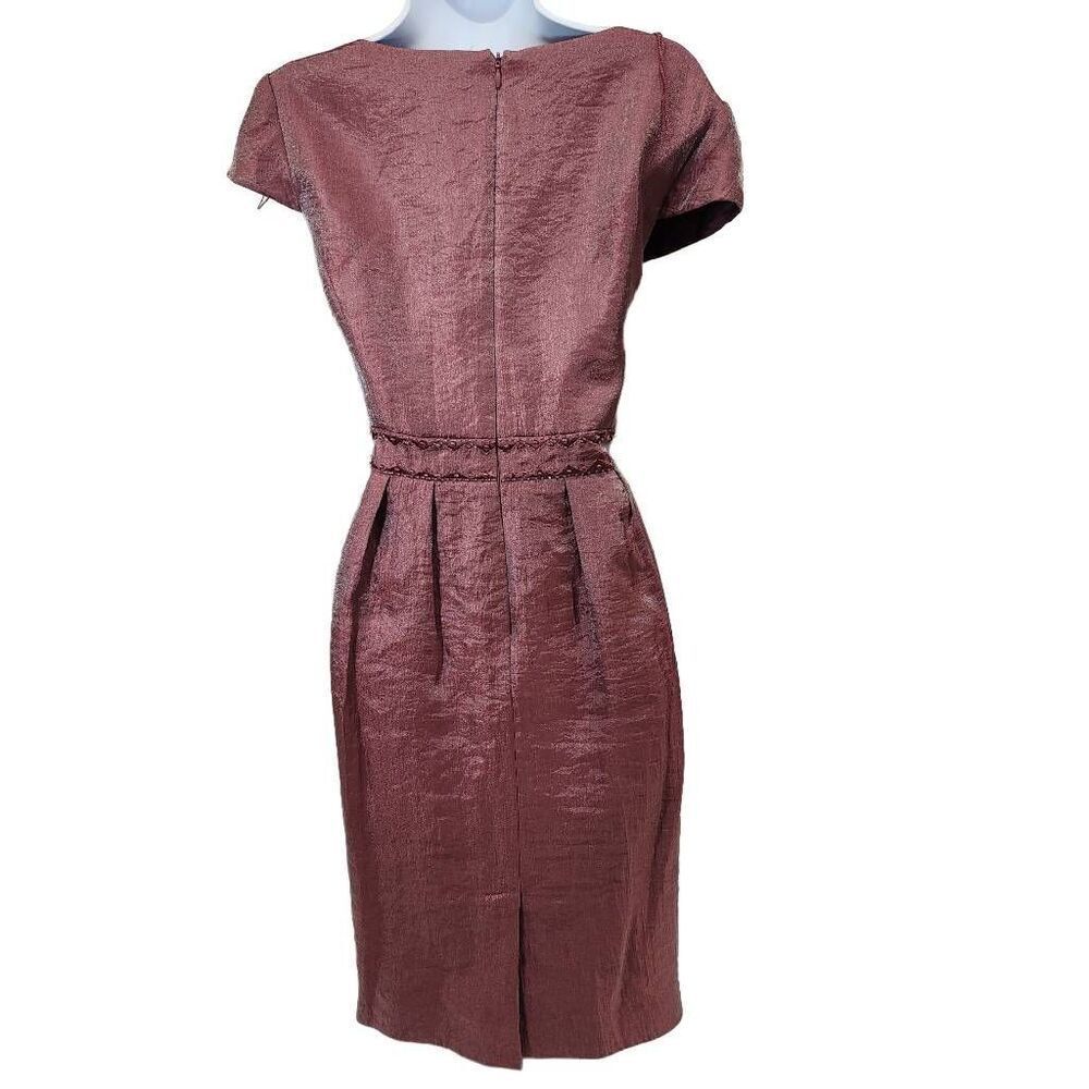 Adrianna Papell Pink Shimmer Dress Short Sleeve Shantung Size 14 Embelished Wais - Picture 2 of 7